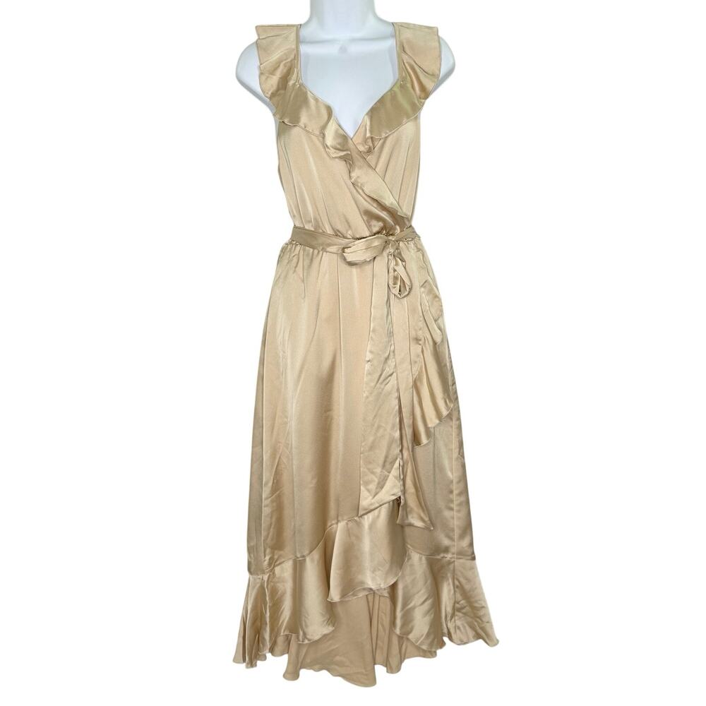 Show Me Your Mumu Samantha Ruffle Wrap Dress M Satin Tan Wedding Bridesmaid